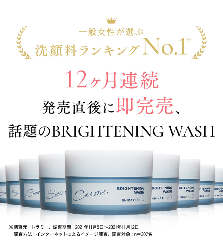 一般女性が選ぶ洗顔料ランキングNo.1※ 12ヶ月連続販売直後に即完売、話題のBRIGHTENING WASH ※調査元：トラミー、調査期間：2021年11月5日から2021年11月12日 調査方法：インターネットによるイメージ調査、調査対象：n=307名