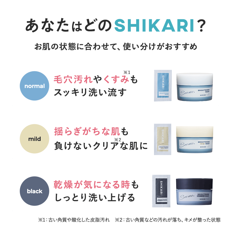 あなたはどのSHIKARI?お肌の状態に合わせて、 使い分けがおすすめ normal毛穴汚れやくすみもスッキリ洗い流す mild揺らぎがちな肌も負けないクリアな肌に 乾燥が気になる時も black しっとり洗い上げる 1: 古い角質や酸化した皮脂汚れ 2古い角質などの汚れが落ち、キメが整った状態