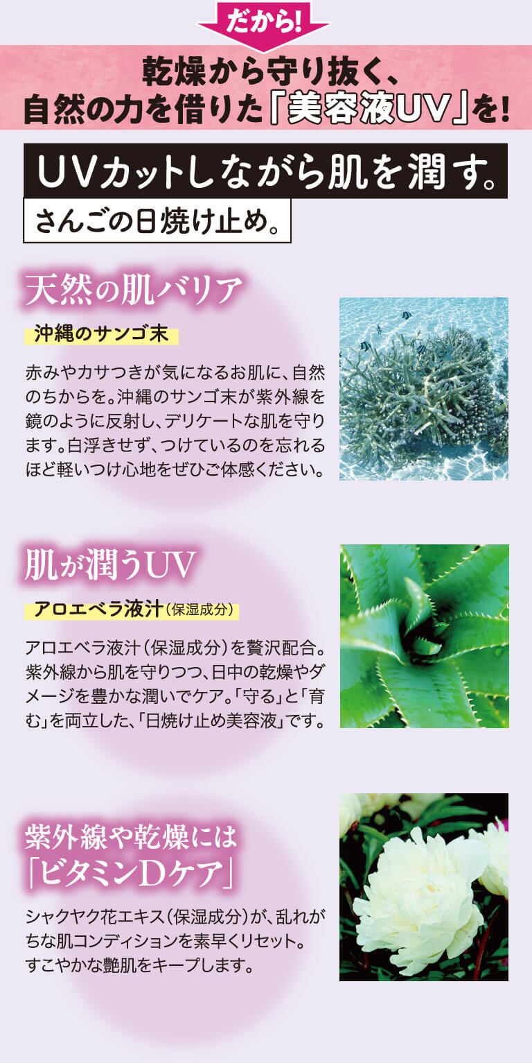 だから！感想から守り抜く、自然の力を借りた「美容液UV」を！