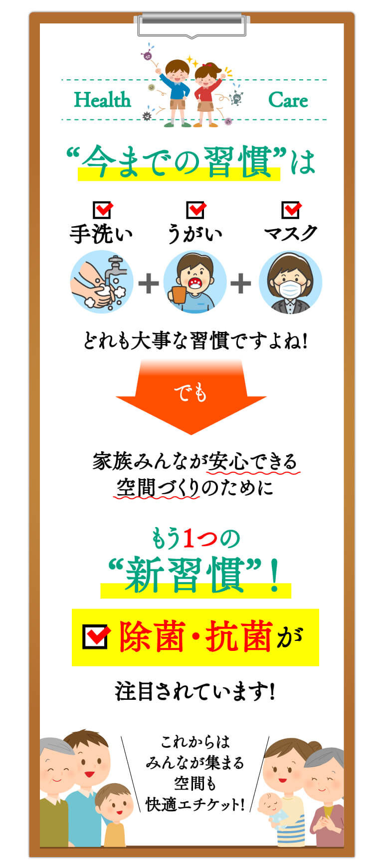 “今までの習慣”は手洗い+うがい+マスク、どれも大事な習慣ですよね！でも家族みんなが安心できる空間づくりのために、もう一つの“新習慣”除菌・抗菌が注目されています！これからはみんなが集まる空間も快適エチケット！