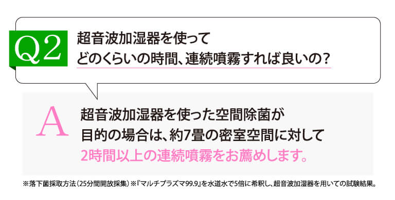 Q2:超音波加湿器を使ってどのくらいの時間、連続噴霧すれば良いの？ A:超音波加湿器を使った空間除菌が目的の場合は、約7畳の密室空間に対して2時間以上の連続噴霧をお勧めします。