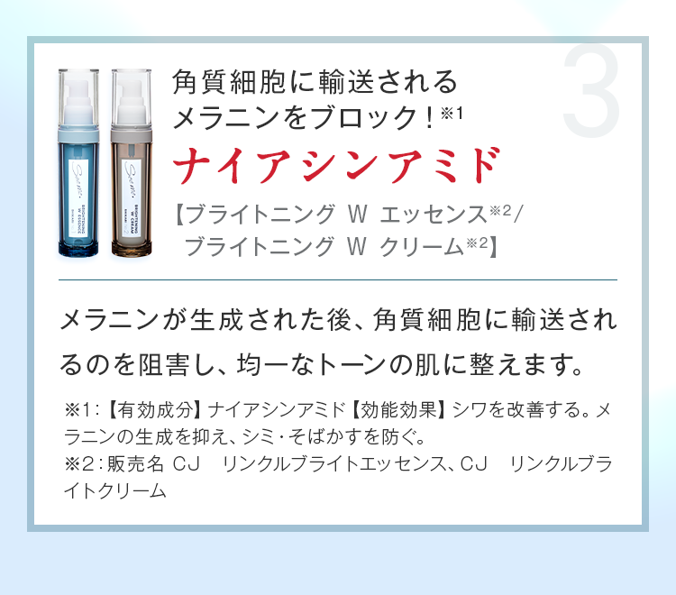 角質細胞に輸送されるメラニンをブロック！ナイアシンアミド【W エッセンス/W クリーム】