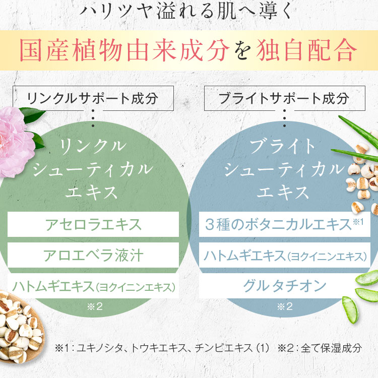 ハリツヤ溢れる肌へ導く国産植物由来成分を独自配合