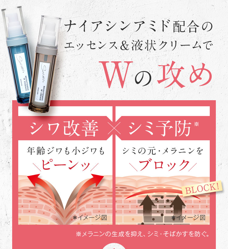 ナイアシンアミド配合のエッセンス＆液状クリームでWの攻め