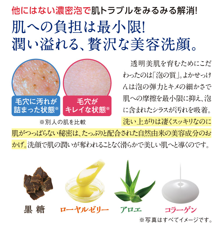 他にはない濃密泡で肌トラブルをみるみる解消！肌への負担は最小限！潤い溢れる、贅沢な美容洗顔。