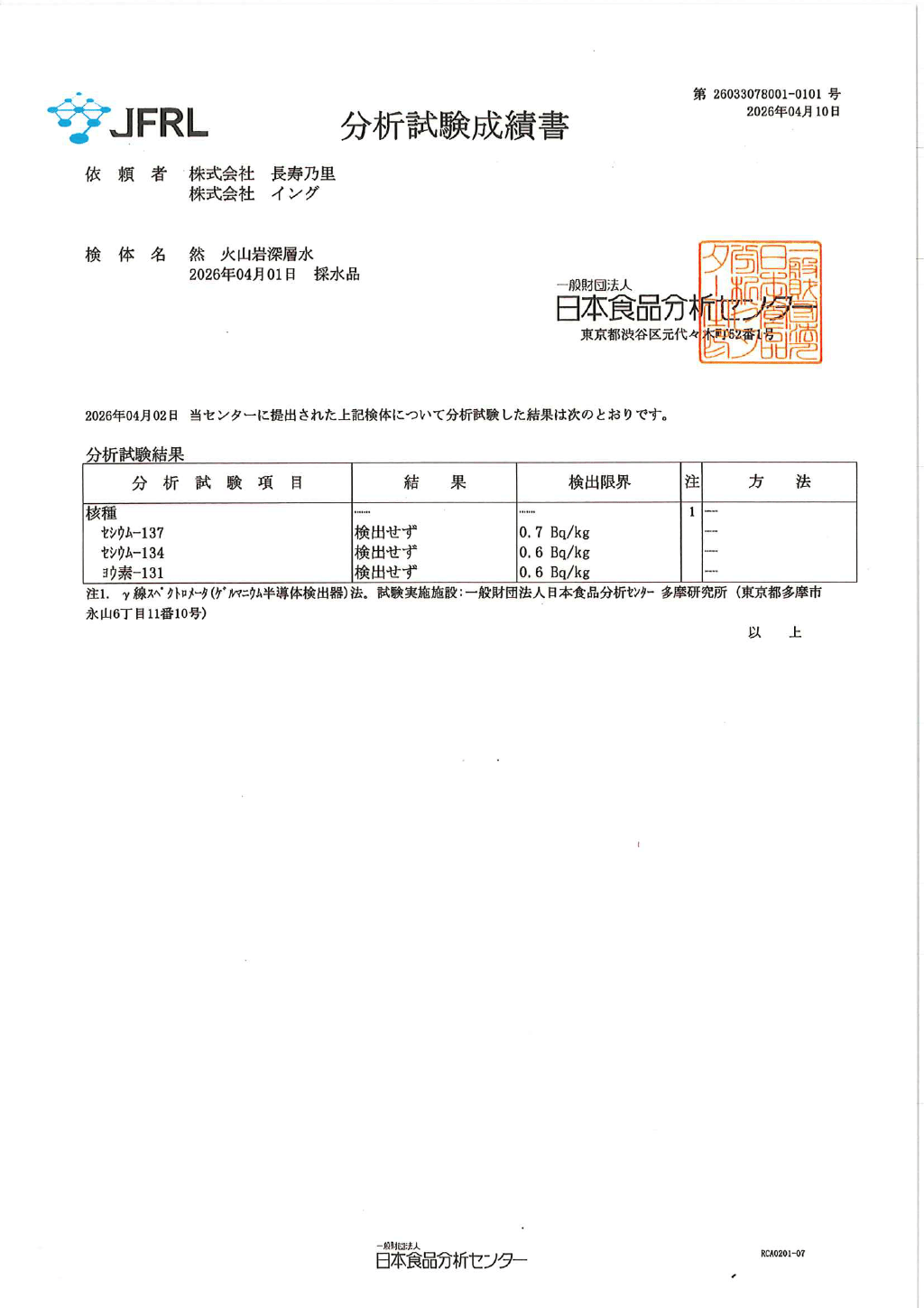 分析試験成績書