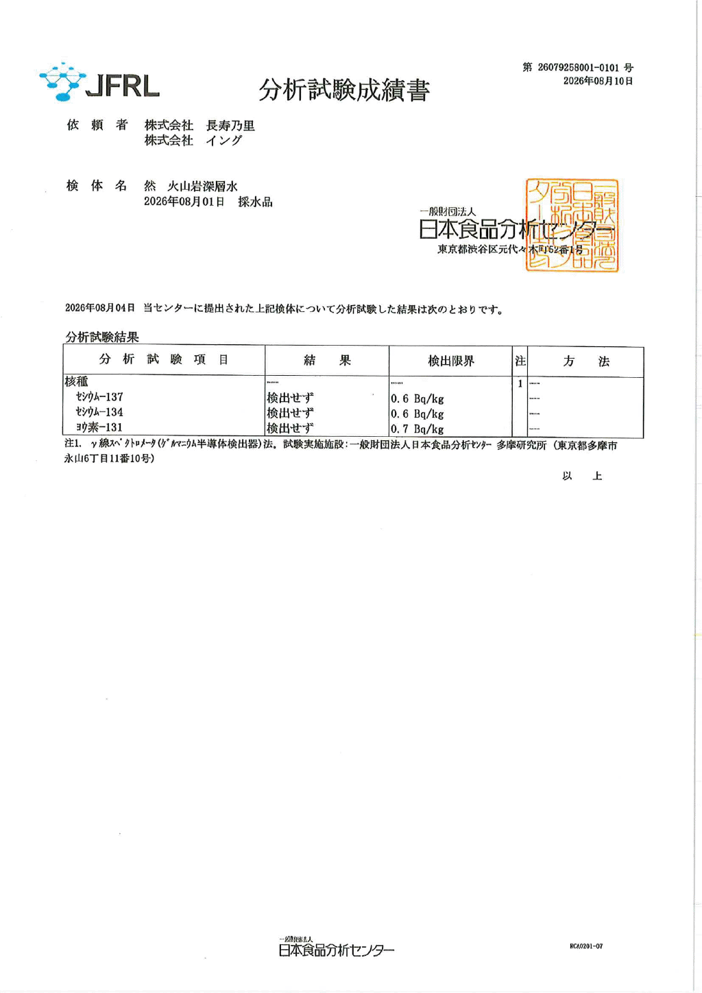 分析試験成績書