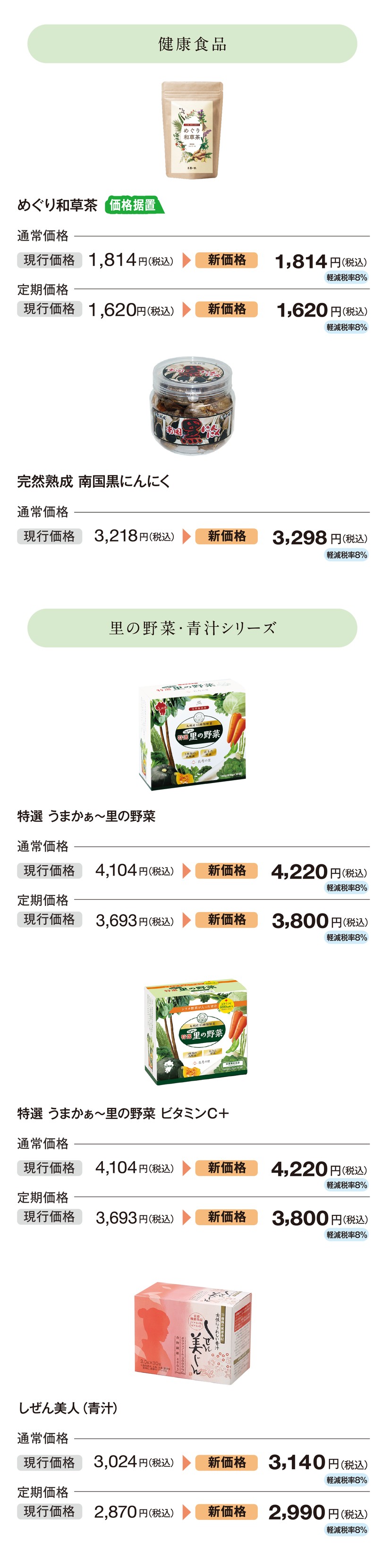 価格改定のお知らせ | 長寿の里
