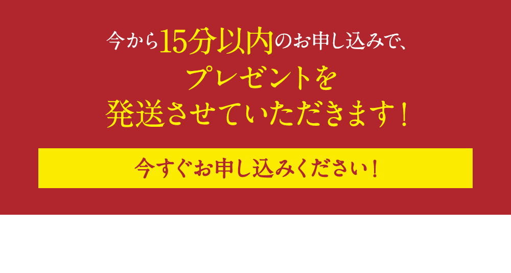 今から15分以内のお申し込みで、プレゼントを発送させていただきます！今すぐお申し込みください！