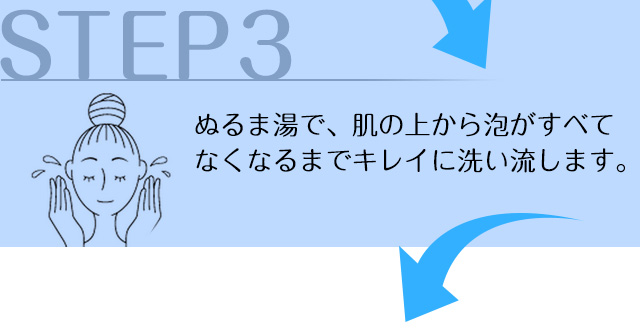 【STEP3】ぬるま湯で、肌の上から泡がすべてなくなるまでキレイに洗い流します。