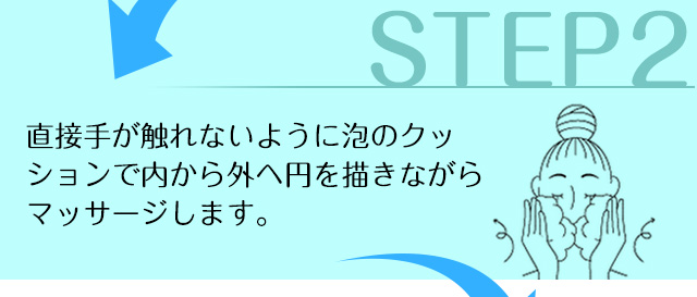 【STEP2】直接手が触れないように泡のクッションで内から外へ円を描きながらマッサージします。